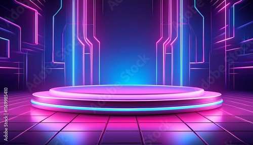 A digitally created purple backdrop with blue neon lights and a pink digital podium photo