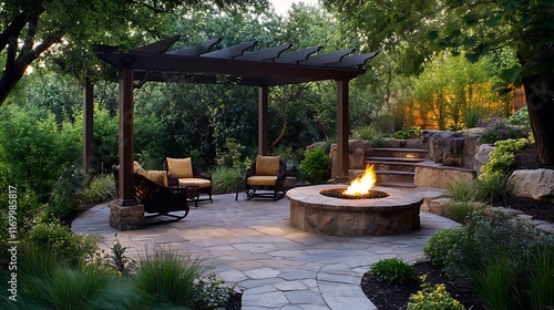 Elegant backyard hardscape with stone patio, fire pit, and pergola, ideal for outdoor gatherings and relaxation