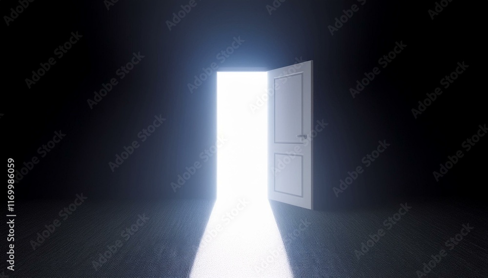 3D render animation depicts a dark room's door opening to flood space - door to the light 3D render animation depicts a dark room's door opening to flood space - door to the light