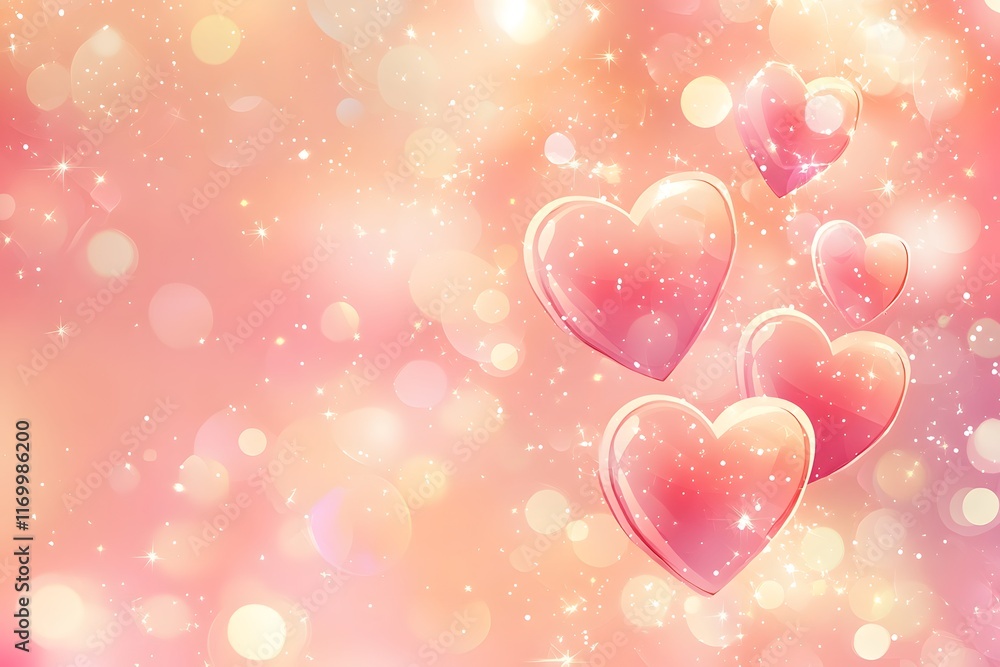 Pink Hearts Float in Sparkling Peach Background Pink Hearts Float in Sparkling Peach Background