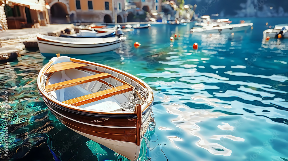 Obraz premium serene marina scene featuring wooden boat floating on clear blue water, surrounded by other boats and picturesque buildings