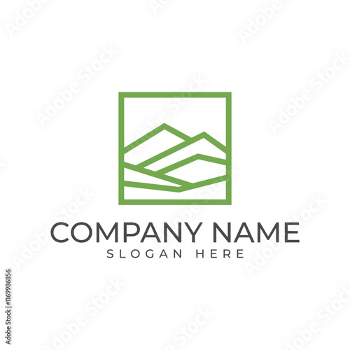 The logo features a minimalist depiction of a mountain range within a square frame. The clean lines and use of green evoke a sense of nature, tranquility, and environmental consciousness.