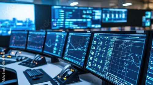 Wallpaper Mural A modern control room displays multiple monitors showing complex data analytics and financial graphs, emphasizing technology in decision-making. Torontodigital.ca