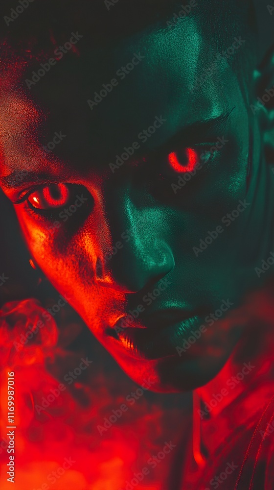 Fototapeta premium Mysterious Portrait: Red and Green Face in Smoke