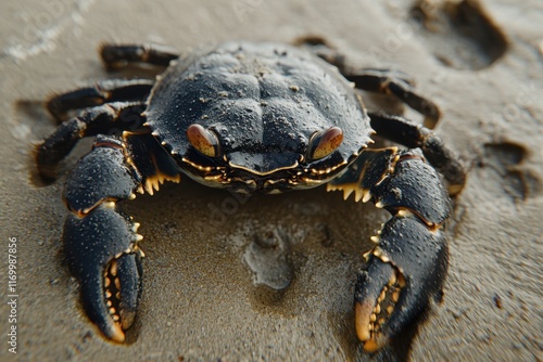 Close-up of a dark crab on sandy beach. Illustrates coastal wildlife and marine life themes. photo