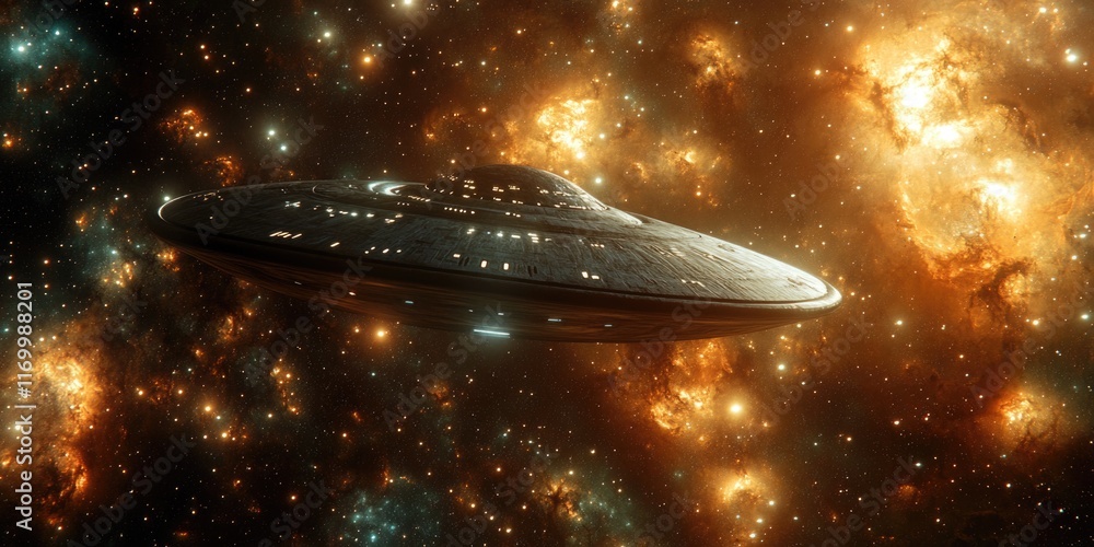Spaceship is flying through a star filled galaxy. The galaxy is filled with stars and planets, and the spaceship is the only visible object. Scene is one of wonder and exploration Spaceship is flying through a star filled galaxy. The galaxy is filled with stars and planets, and the spaceship is the only visible object. Scene is one of wonder and exploration