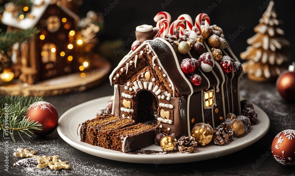 Delicious chocolate gingerbread house decorated with candies, nuts, and icing. Festive holiday treats. Delicious chocolate gingerbread house decorated with candies, nuts, and icing. Festive holiday treats.