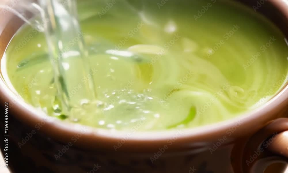 Aromatic Matcha Latte Preparation: Close-up view of hot water being poured into a cup of matcha powder, creating a vibrant green beverage. Aromatic Matcha Latte Preparation: Close-up view of hot water being poured into a cup of matcha powder, creating a vibrant green beverage.