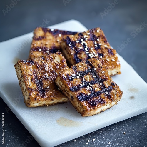 grilled tofu with sesame seeds, 32k super-resolution, white background, photo, social media portraiture, highly detailed figures, 32k cel shading, realistic detail, DOF, Bokeh, Tilt Blur, Shutter photo