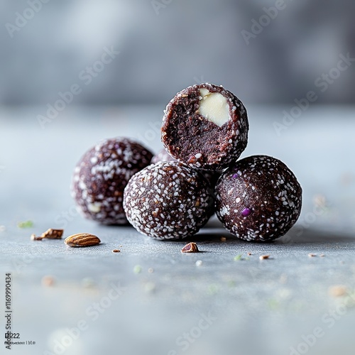 raw cacao and almond bliss balls, 32k super-resolution, white background, photo, social media portraiture, hyper-detailed figures, DOF, Bokeh, Tilt Blur, Shutter Speed 1/1,000, F/22, White Balance photo