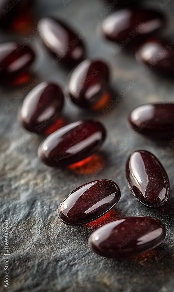Dark brown capsules scattered on a textured surface. Dark brown capsules scattered on a textured surface.