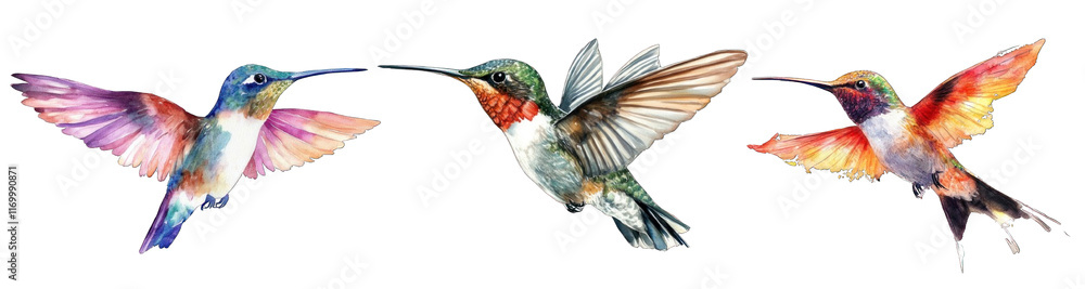 Fototapeta premium Collection of PNG. Watercolor Painting Hummingbird, isolated on a transparency background.