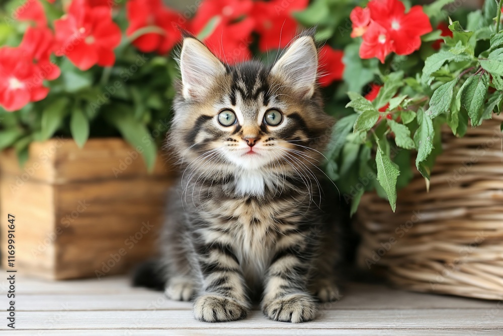 Cute kitten surrounded by red flowers in a garden setting. Cute kitten surrounded by red flowers in a garden setting.
