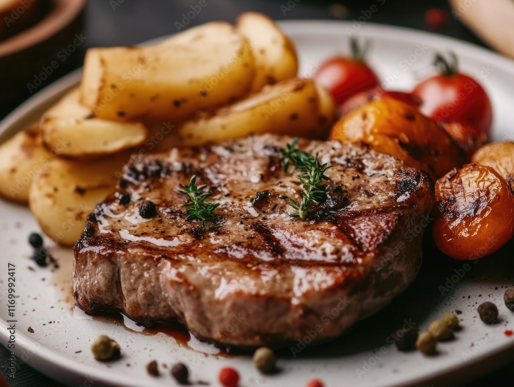 Plate of tender steak topped with pepper, served with roasted potatoes and tomato. Seasoned vegetable dish. Plate of tender steak topped with pepper, served with roasted potatoes and tomato. Seasoned vegetable dish.
