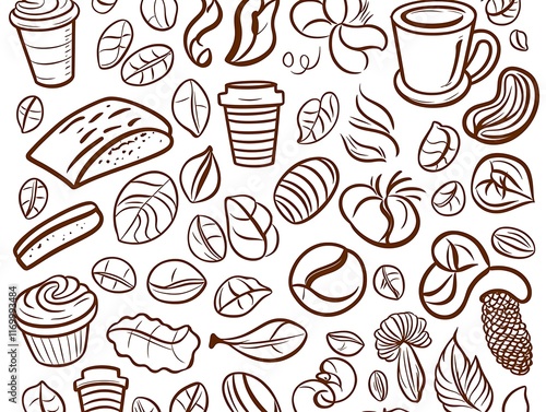 Wallpaper Mural Coffee shop doodle pattern with coffee beans, leaves, cups, pastries, and flowers. Torontodigital.ca