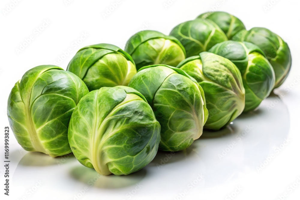 Crisp Brussels sprouts gleam against a white backdrop, depth of field highlighting their freshness. Crisp Brussels sprouts gleam against a white backdrop, depth of field highlighting their freshness.
