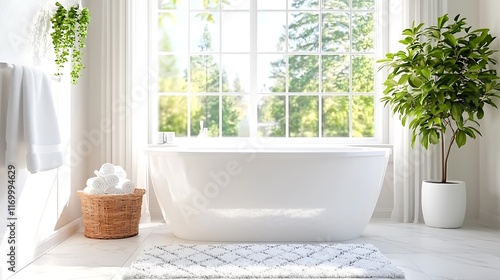 Bright, modern bathroom with freestanding bathtub, large window, plants, and white towels.