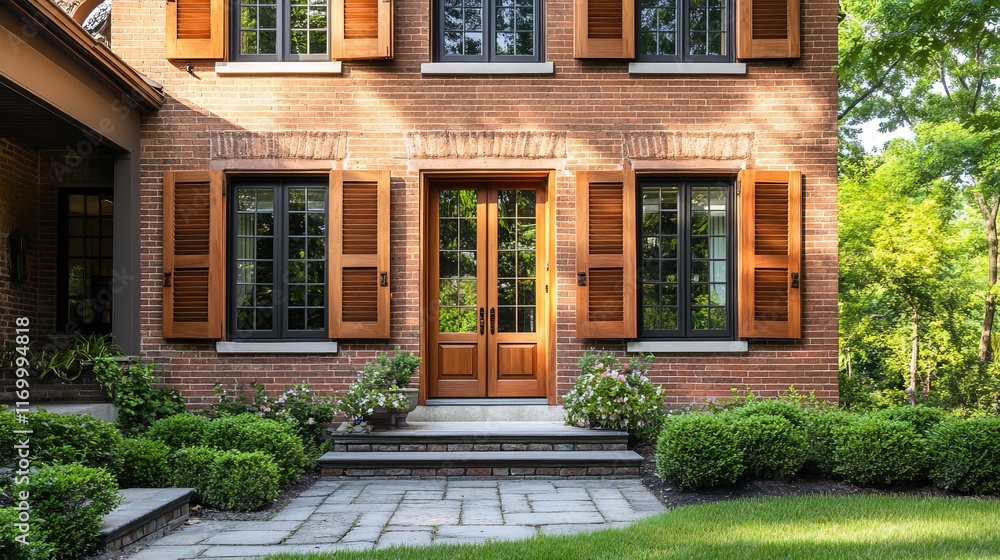 Brick house with wooden shutters and glass doors. Brick house with wooden shutters and glass doors.