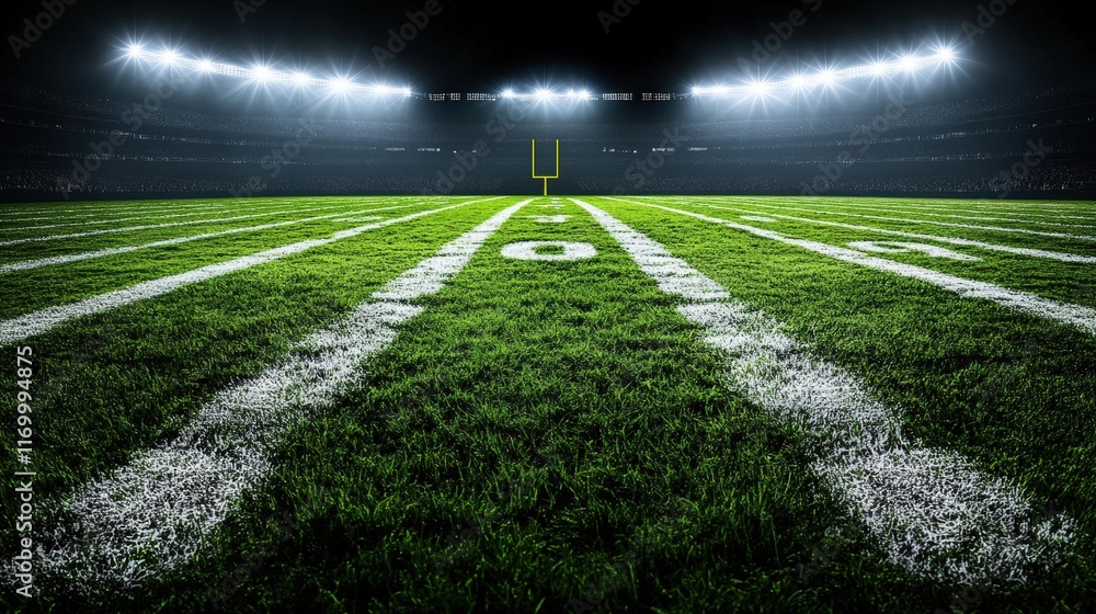 Obraz premium Brightly Illuminated Football Field at Night with Stadium Lights Shining on Lush Green Grass Ready for Play and Spectator Excitement Under the Stars