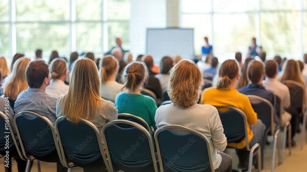 Obraz premium Group of People Sitting in Chairs Watching Presentation in Modern Conference Room with Natural Light and Professional Setting