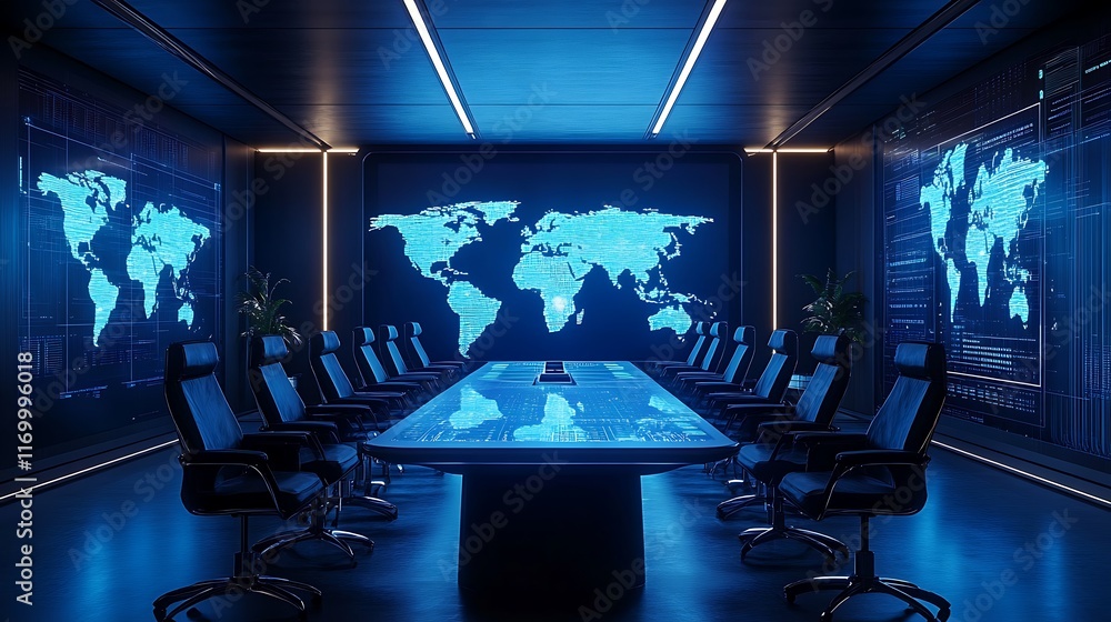 A futuristic conference room with holographic world maps and live data projections, minimalist interior with bright blue lighting accents, executives seated around a sleek digital table, A futuristic conference room with holographic world maps and live data projections, minimalist interior with bright blue lighting accents, executives seated around a sleek digital table,