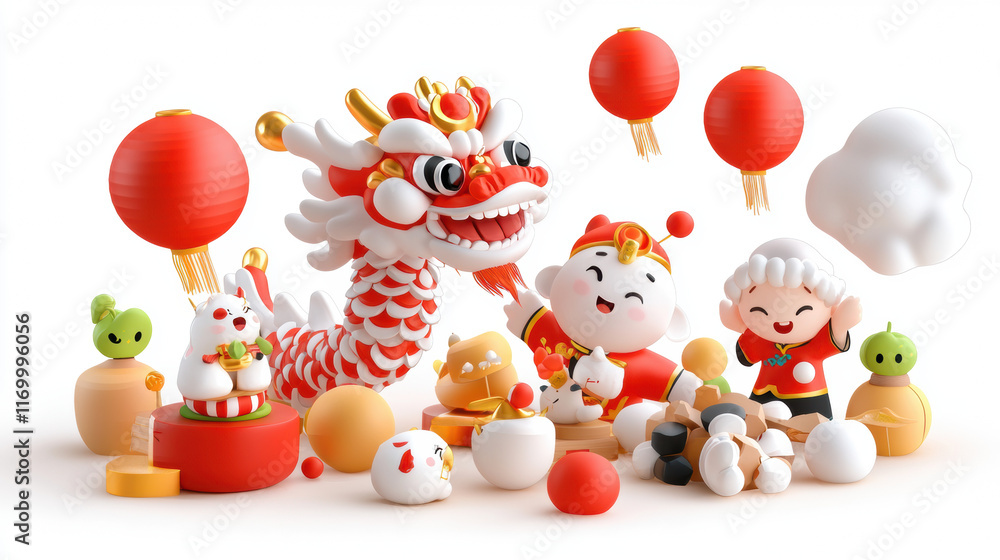 Festive dragon dance scene with cute characters and decorations for celebration Festive dragon dance scene with cute characters and decorations for celebration