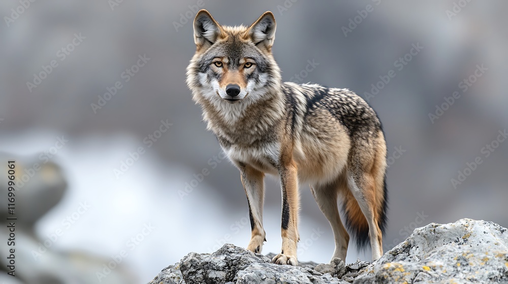 Obraz premium A close-up of a wolf standing on a rocky surface in a natural setting.