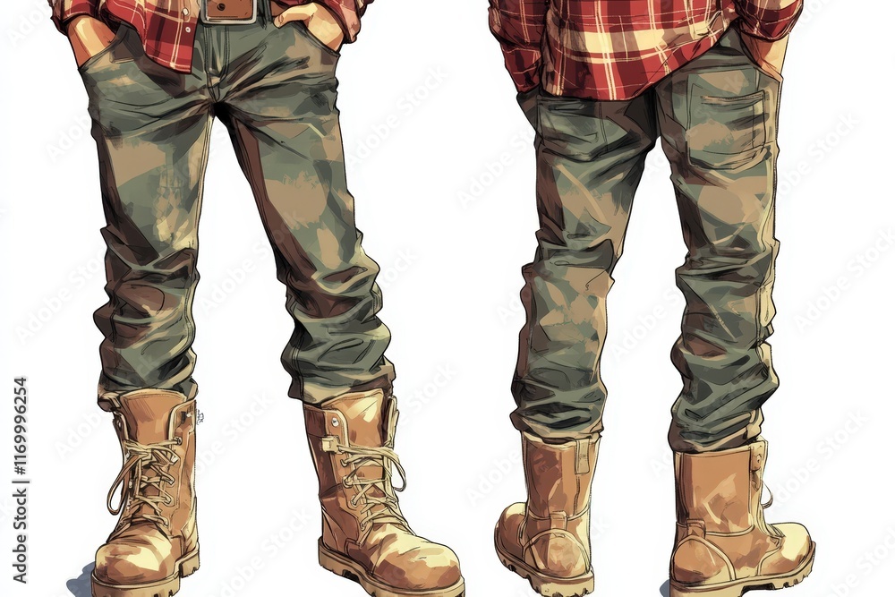 Work Boots and Flannel Shirt Style Illustration Work Boots and Flannel Shirt Style Illustration
