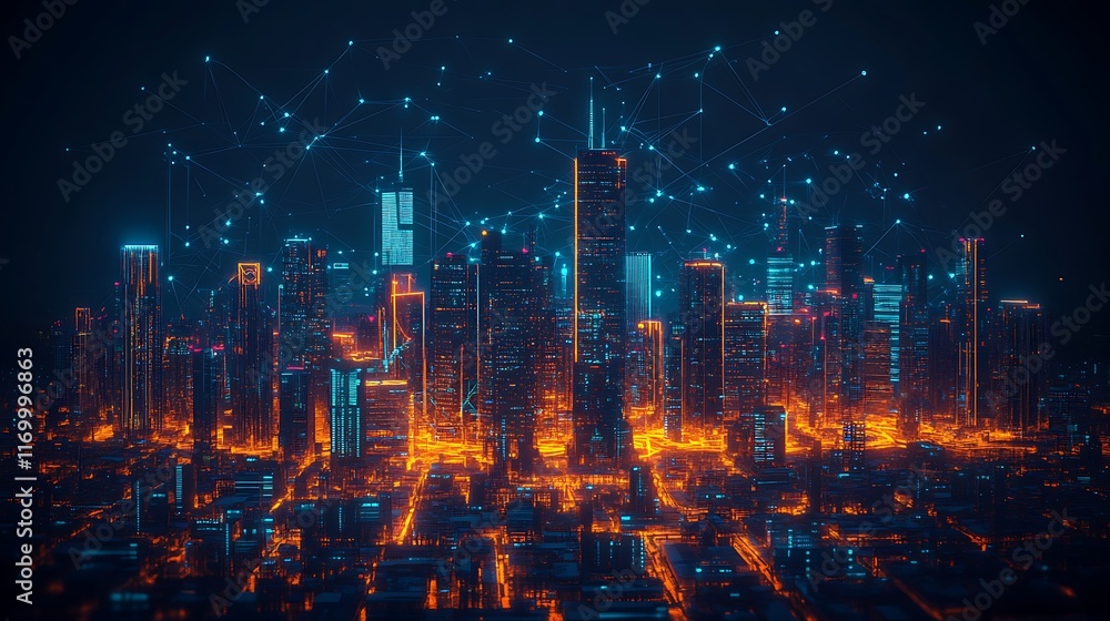 Fototapeta premium A futuristic metropolis at night, glowing trade route lines connecting cities across the sky, towering skyscrapers illuminated by neon lights, vibrant colors reflecting off a high-tech urban layout,