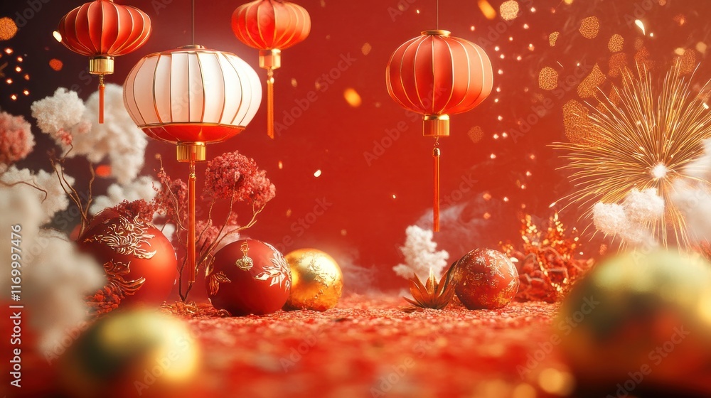Obraz premium A colorful Chinese New Year-themed composition with a red background, adorned with golden ornaments, white accents, and vibrant red lanterns, surrounded by dynamic fireworks and soft sparkles