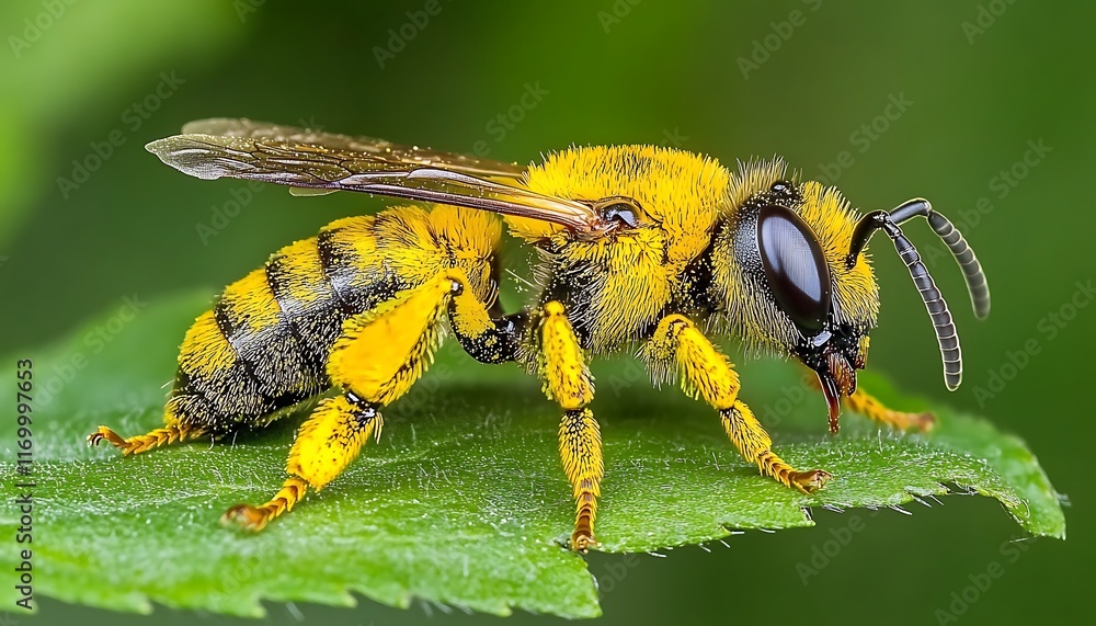 A close-up of a yellow and black bee perched on a green leaf. A close-up of a yellow and black bee perched on a green leaf.