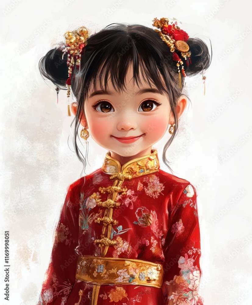 A cultural portrait of a plump Chinese girl in a traditional Cheongsam dress, adorned with gold accessories, her cheerful expression enhancing the scene on a white background A cultural portrait of a plump Chinese girl in a traditional Cheongsam dress, adorned with gold accessories, her cheerful expression enhancing the scene on a white background
