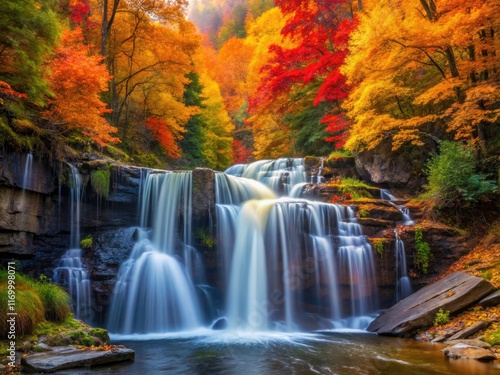 Autumn's fiery hues embrace a breathtaking waterfall, a picturesque landscape.