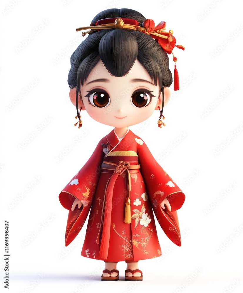 A cute little girl in full red Hanfu costume with a surprise box, rendered in high-resolution 3D and illuminated with soft natural light on a plain white background. A cute little girl in full red Hanfu costume with a surprise box, rendered in high-resolution 3D and illuminated with soft natural light on a plain white background.
