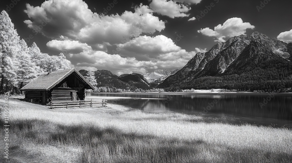 Black and white infrared landscape image of a rustic cabin by a serene lake nestled amongst alpine mountains and dramatic clouds. Black and white infrared landscape image of a rustic cabin by a serene lake nestled amongst alpine mountains and dramatic clouds.