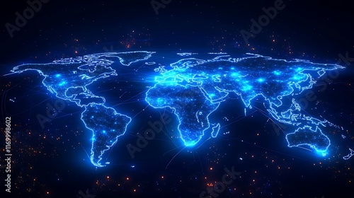 A glowing network of interconnected dots forming a vibrant world map, futuristic digital interface in a sleek tech environment, holographic visuals with dynamic light effects,