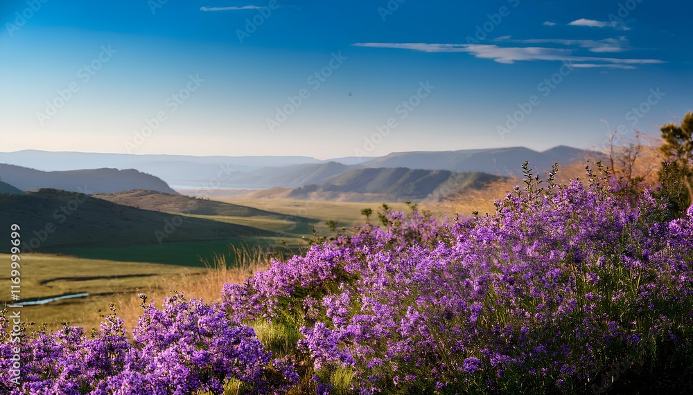 Fototapeta premium lavender field in the mountains at the morning. spring in the mountains. Purple flowers growing in meadows with beautiful mountain scenery in summer