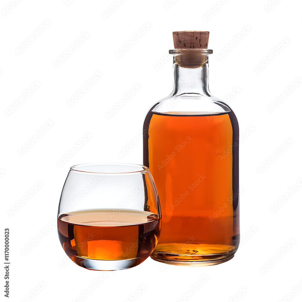 Amber Liquid in Glass and Bottle on transparent background Amber Liquid in Glass and Bottle on transparent background