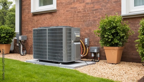 Exterior view of a large, gray air conditioning unit installed outside a brick house, surrounded by landscaping. photo