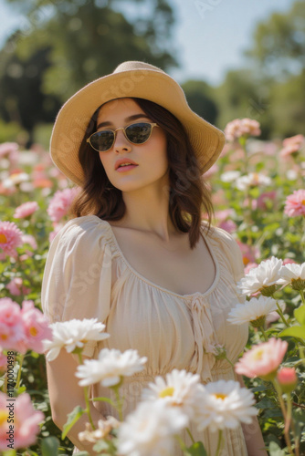 a person wearing a straw hat, sunglasses, and a floral dress, standing amidst a vibrant flower garden filled with pink and white blooms