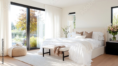 Bright, modern bedroom with large windows, white bedding, and a plush rug.