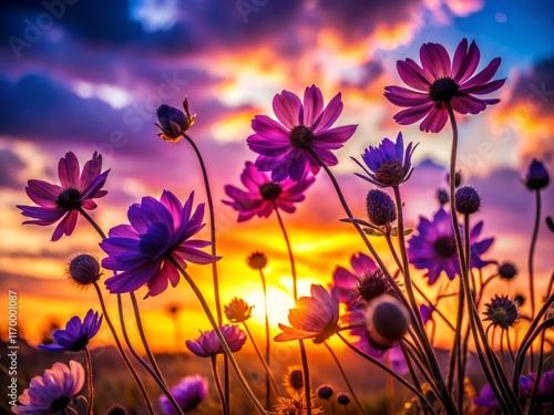 Silhouette of Purple Dreamgrass Flowers at Sunset, Anemone, Lumbago, Ranunculaceae photo