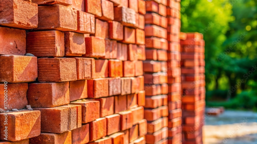 Naklejka premium Stack of Red Bricks, Construction Material, Building Blocks, Copy Space Left
