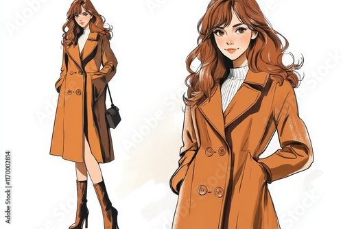 Stylish Woman Posing in a Brown Coat and Boots photo