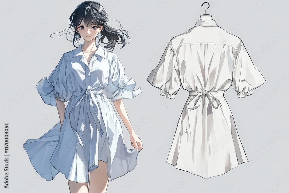 Anime Girl Wearing a Belted Shirt Dress Design Anime Girl Wearing a Belted Shirt Dress Design