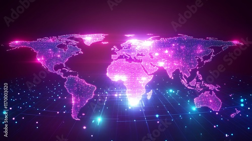 A stylized world map made of interconnected glowing dots, a digital grid and holographic tech background, bright neon colors with dynamic lighting effects, futuristic realism, ultra-detailed,