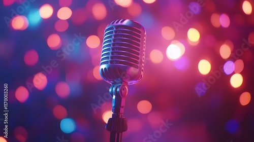Retro Microphone On Stage With Colorful Lights