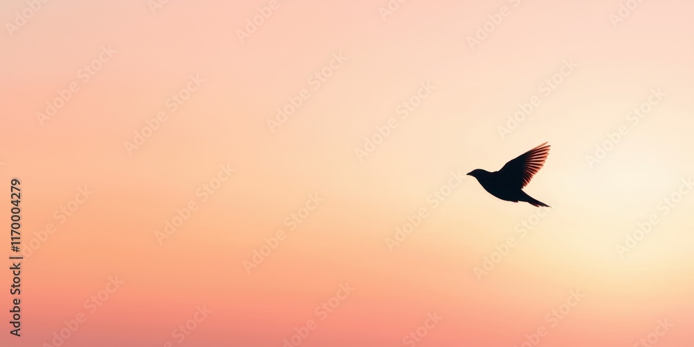 A silhouette of a bird flying against a pastel-colored sky at sunset, evoking feelings of freedom and tranquility. A silhouette of a bird flying against a pastel-colored sky at sunset, evoking feelings of freedom and tranquility.