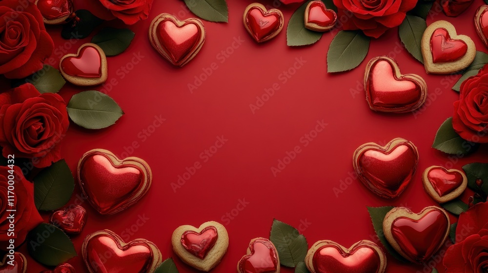 A lively Valentine's Day background with red rose flowers, glossy heart decorations, and heart-shaped cookies framing a blank center for copy space on a bright red background A lively Valentine's Day background with red rose flowers, glossy heart decorations, and heart-shaped cookies framing a blank center for copy space on a bright red background