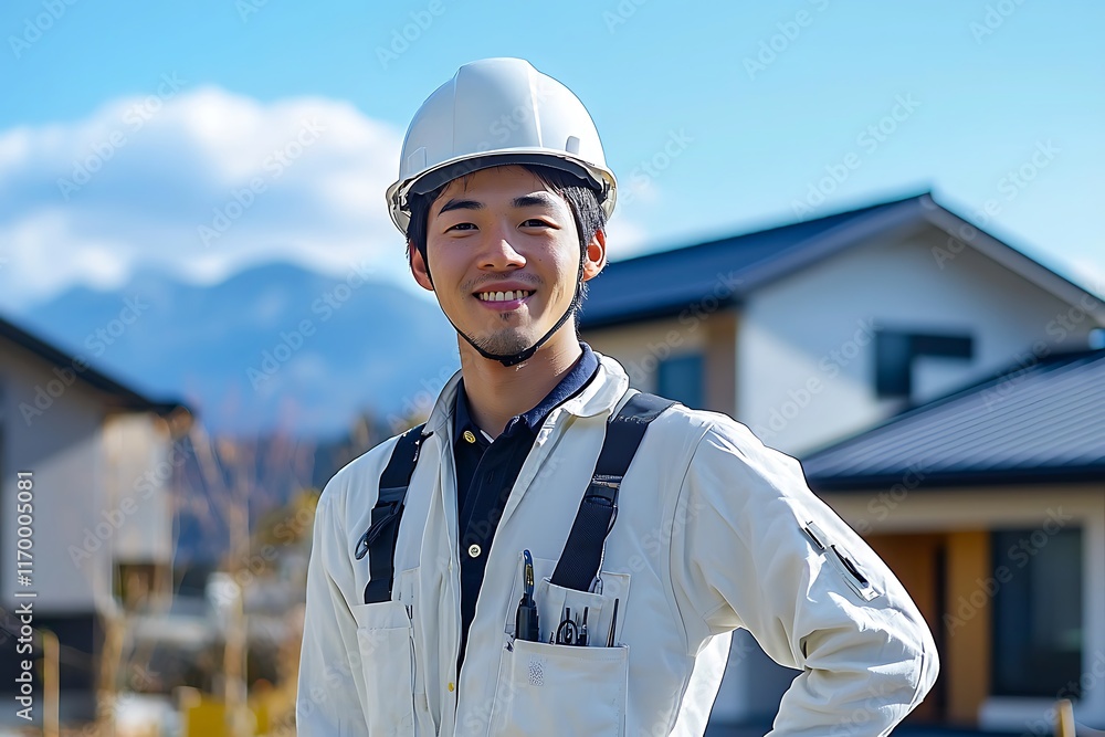 Young construction worker smiling outdoors in a residential area. Young construction worker smiling outdoors in a residential area.
